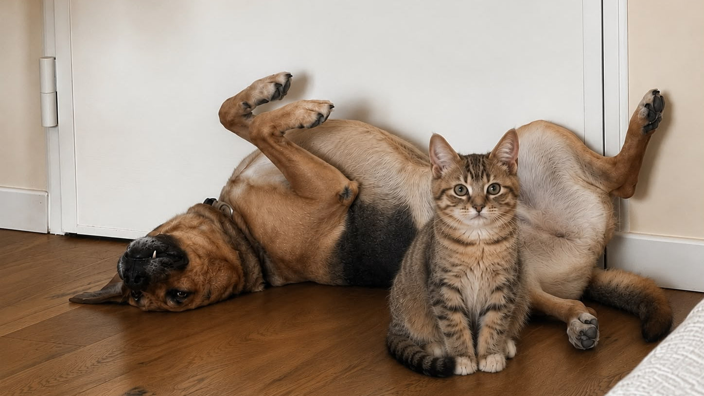 cane a pancia in su gatto attento PetAmour